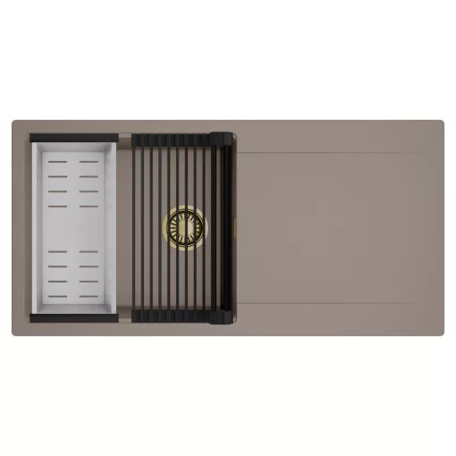 HD Onyx Tortora 100 egymedencés mosogatótálca szett, matt fekete csepegtetőráccsal és krómozott kosárral, csepegtetőtálcával, tortora színben, szálcsiszolt arany leeresztő szifonnal