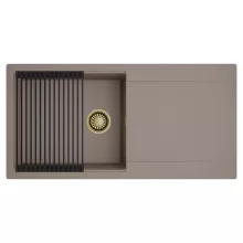 HD Onyx Tortora 100 egymedencés mosogatótálca szett, matt fekete csepegtetőráccsal, csepegtetőtálcával, tortora színben, szálcsiszolt arany leeresztő szifonnal