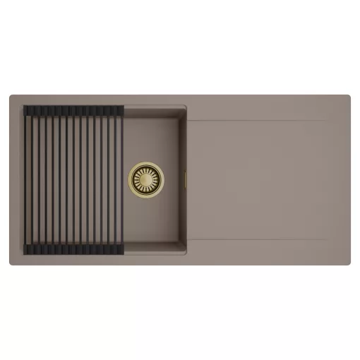 HD Onyx Tortora 100 egymedencés mosogatótálca szett, matt fekete csepegtetőráccsal, csepegtetőtálcával, tortora színben, szálcsiszolt arany leeresztő szifonnal