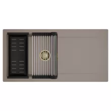 HD Onyx Tortora 100 egymedencés mosogatótálca szett, acél csepegtetőráccsal és matt fekete kosárral, csepegtetőtálcával, tortora színben, szálcsiszolt arany leeresztő szifonnal