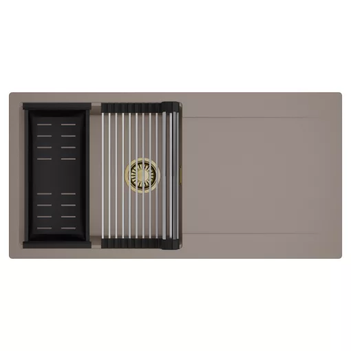 HD Onyx Tortora 100 egymedencés mosogatótálca szett, acél csepegtetőráccsal és matt fekete kosárral, csepegtetőtálcával, tortora színben, szálcsiszolt arany leeresztő szifonnal