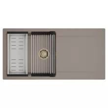 HD Onyx Tortora 100 egymedencés mosogatótálca szett, acél csepegtetőráccsal és kosárral, csepegtetőtálcával, tortora színben, szálcsiszolt arany leeresztő szifonnal