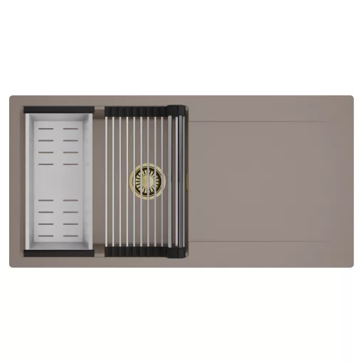 HD Onyx Tortora 100 egymedencés mosogatótálca szett, acél csepegtetőráccsal és kosárral, csepegtetőtálcával, tortora színben, szálcsiszolt arany leeresztő szifonnal