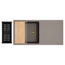 HD Onyx Tortora 100 egymedencés gránit mosogatótálca szett, csepegtetőtálcával, vágódeszkával, matt fekete csepegtetőráccsal és kosárral, tortora színben, szálcsiszolt arany leeresztő szifonnal