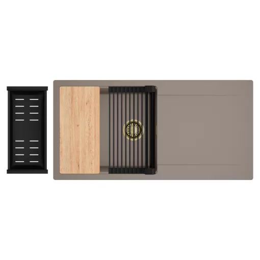 HD Onyx Tortora 100 egymedencés gránit mosogatótálca szett, csepegtetőtálcával, vágódeszkával, matt fekete csepegtetőráccsal és kosárral, tortora színben, szálcsiszolt arany leeresztő szifonnal