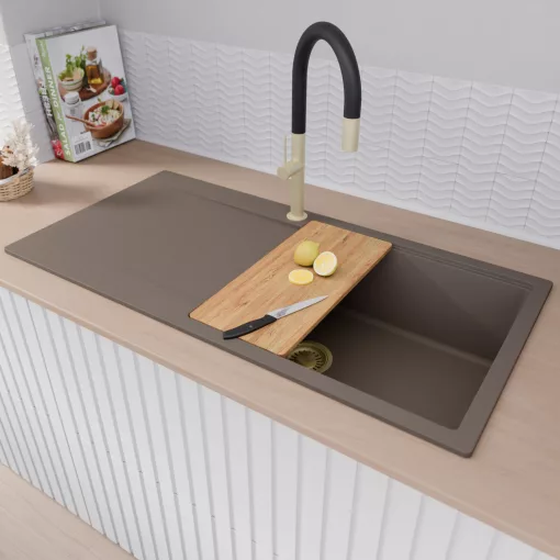 HD Onyx Tortora 100 egymedencés gránit mosogatótálca szett, csepegtetőtálcával, vágódeszkával, matt fekete csepegtetőráccsal és kosárral, tortora színben, szálcsiszolt arany leeresztő szifonnal