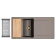 HD Onyx Tortora 100 egymedencés gránit mosogatótálca szett, csepegtetőtálcával, vágódeszkával, matt fekete csepegtetőráccsal és krómozott kosárral, tortora színben, szálcsiszolt arany leeresztő szifonnal