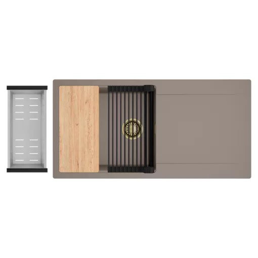 HD Onyx Tortora 100 egymedencés gránit mosogatótálca szett, csepegtetőtálcával, vágódeszkával, matt fekete csepegtetőráccsal és krómozott kosárral, tortora színben, szálcsiszolt arany leeresztő szifonnal