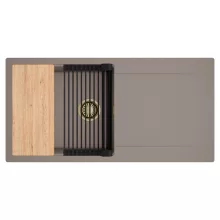 HD Onyx Tortora 100 egymedencés gránit mosogatótálca szett, csepegtetőtálcával, vágódeszkával, matt fekete csepegtetőráccsal, tortora színben, szálcsiszolt arany leeresztő szifonnal