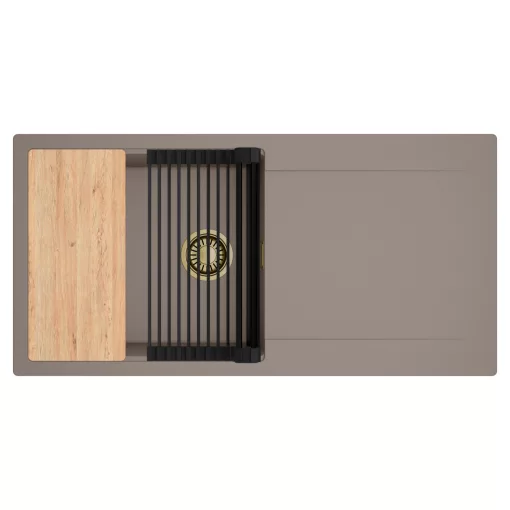 HD Onyx Tortora 100 egymedencés gránit mosogatótálca szett, csepegtetőtálcával, vágódeszkával, matt fekete csepegtetőráccsal, tortora színben, szálcsiszolt arany leeresztő szifonnal