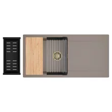 HD Onyx Tortora 100 egymedencés gránit mosogatótálca szett, csepegtetőtálcával, vágódeszkával, acél csepegtetőráccsal és matt fekete kosárral, tortora színben, szálcsiszolt arany leeresztő szifonnal