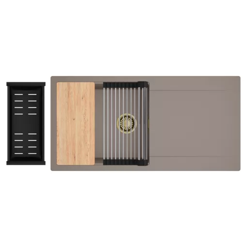 HD Onyx Tortora 100 egymedencés gránit mosogatótálca szett, csepegtetőtálcával, vágódeszkával, acél csepegtetőráccsal és matt fekete kosárral, tortora színben, szálcsiszolt arany leeresztő szifonnal