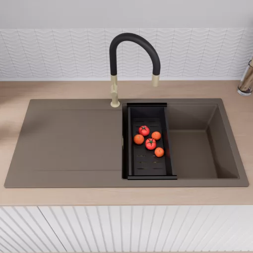 HD Onyx Tortora 100 egymedencés gránit mosogatótálca szett, csepegtetőtálcával, vágódeszkával, acél csepegtetőráccsal és matt fekete kosárral, tortora színben, szálcsiszolt arany leeresztő szifonnal