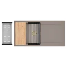 HD Onyx Tortora 100 egymedencés gránit mosogatótálca szett, csepegtetőtálcával, vágódeszkával, acél csepegtetőráccsal és kosárral, tortora színben, szálcsiszolt arany leeresztő szifonnal