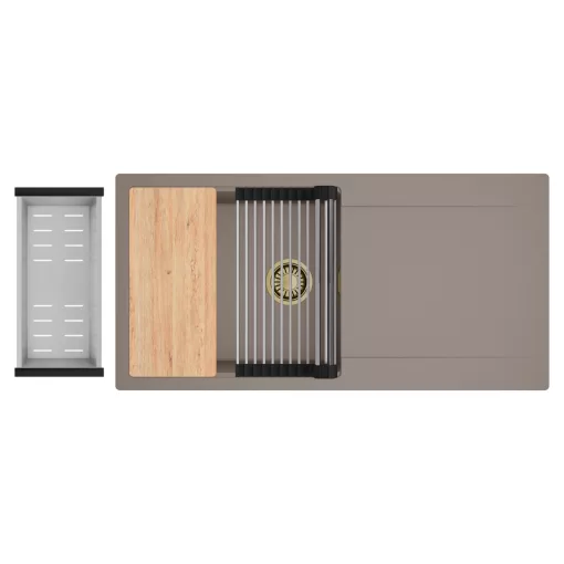 HD Onyx Tortora 100 egymedencés gránit mosogatótálca szett, csepegtetőtálcával, vágódeszkával, acél csepegtetőráccsal és kosárral, tortora színben, szálcsiszolt arany leeresztő szifonnal