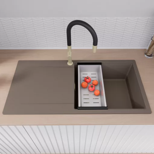 HD Onyx Tortora 100 egymedencés gránit mosogatótálca szett, csepegtetőtálcával, vágódeszkával, acél csepegtetőráccsal és kosárral, tortora színben, szálcsiszolt arany leeresztő szifonnal