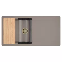 HD Onyx Tortora 100 egymedencés gránit mosogatótálca szett, csepegtetőtálcával, vágódeszkával, acél csepegtetőráccsal, tortora színben, szálcsiszolt arany leeresztő szifonnal