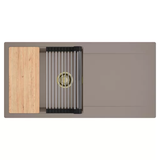 HD Onyx Tortora 100 egymedencés gránit mosogatótálca szett, csepegtetőtálcával, vágódeszkával, acél csepegtetőráccsal, tortora színben, szálcsiszolt arany leeresztő szifonnal