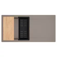 HD Onyx Tortora 100 egymedencés gránit mosogatótálca szett, csepegtetőtálcával, vágódeszkával, matt fekete csepegtetőkosárral, tortora színben, szálcsiszolt arany leeresztő szifonnal