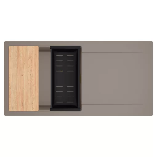 HD Onyx Tortora 100 egymedencés gránit mosogatótálca szett, csepegtetőtálcával, vágódeszkával, matt fekete csepegtetőkosárral, tortora színben, szálcsiszolt arany leeresztő szifonnal