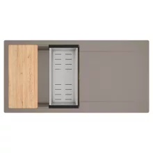 HD Onyx Tortora 100 egymedencés gránit mosogatótálca szett, csepegtetőtálcával, vágódeszkával, acél csepegtetőkosárral, tortora színben, szálcsiszolt arany leeresztő szifonnal