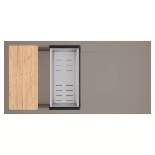 HD Onyx Tortora 100 egymedencés gránit mosogatótálca szett, csepegtetőtálcával, vágódeszkával, acél csepegtetőkosárral, tortora színben, szálcsiszolt arany leeresztő szifonnal