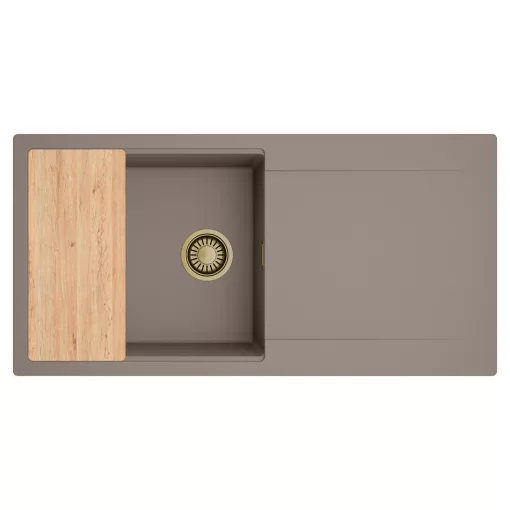 HD Onyx Tortora 100 egymedencés gránit mosogatótálca, vágódeszkával, tortora színben, szálcsiszolt arany leeresztő szifonnal