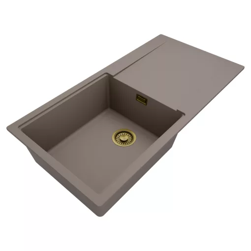 HD Onyx Tortora 100 egymedencés gránit mosogatótálca, vágódeszkával, tortora színben, szálcsiszolt arany leeresztő szifonnal