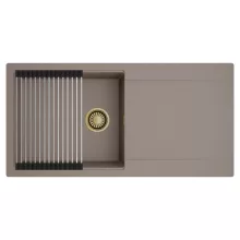 HD Onyx Tortora 100 egymedencés mosogatótálca szett, acél csepegtetőráccsal, csepegtetőtálcával, tortora színben, szálcsiszolt arany leeresztő szifonnal