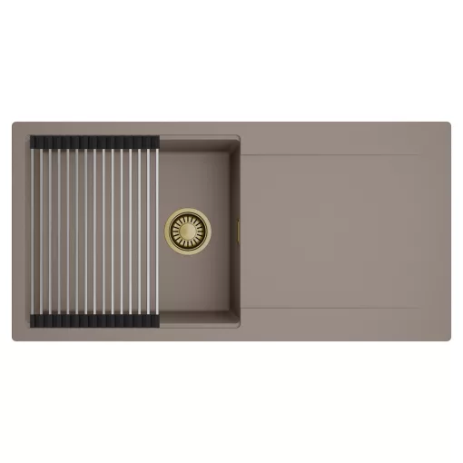 HD Onyx Tortora 100 egymedencés mosogatótálca szett, acél csepegtetőráccsal, csepegtetőtálcával, tortora színben, szálcsiszolt arany leeresztő szifonnal