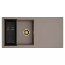 HD Onyx Tortora 100 egymedencés mosogatótálca szett, matt fekete csepegtetőkosárral, csepegtetőtálcával, tortora színben, szálcsiszolt arany leeresztő szifonnal