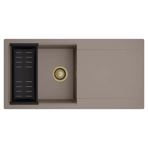 HD Onyx Tortora 100 egymedencés mosogatótálca szett, matt fekete csepegtetőkosárral, csepegtetőtálcával, tortora színben, szálcsiszolt arany leeresztő szifonnal