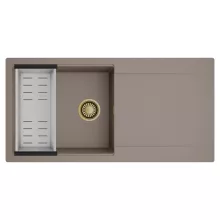 HD Onyx Tortora 100 egymedencés mosogatótálca szett, acél csepegtetőkosárral, csepegtetőtálcával, tortora színben, szálcsiszolt arany leeresztő szifonnal