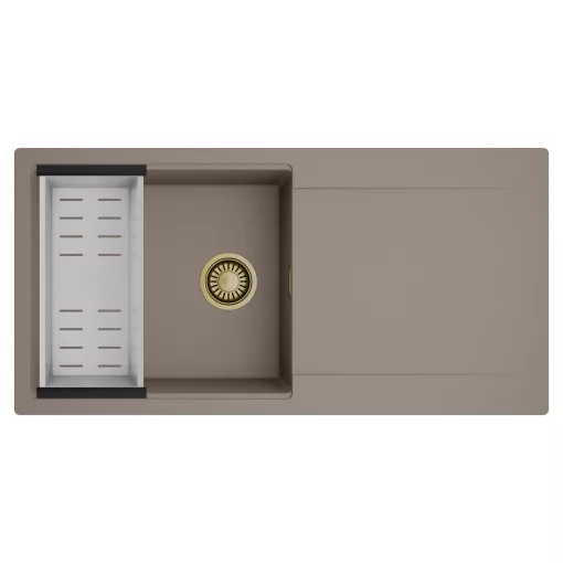 HD Onyx Tortora 100 egymedencés mosogatótálca szett, acél csepegtetőkosárral, csepegtetőtálcával, tortora színben, szálcsiszolt arany leeresztő szifonnal