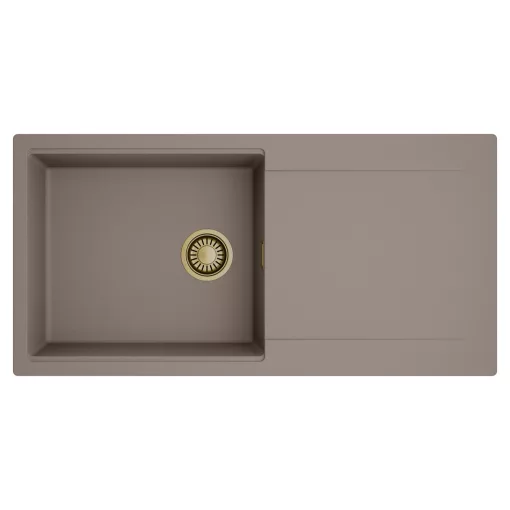 HD Onyx Tortora 100 egymedencés mosogatótálca, csepegtetőtálcával, tortora színben, szálcsiszolt arany leeresztő szifonnal
