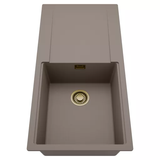 HD Onyx Tortora 100 egymedencés mosogatótálca, csepegtetőtálcával, tortora színben, szálcsiszolt arany leeresztő szifonnal