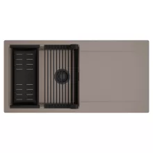 HD Onyx Tortora 100 egymedencés mosogatótálca szett, matt fekete csepegtetőráccsal és kosárral, csepegtetőtálcával, tortora színben, matt fekete leeresztő szifonnal