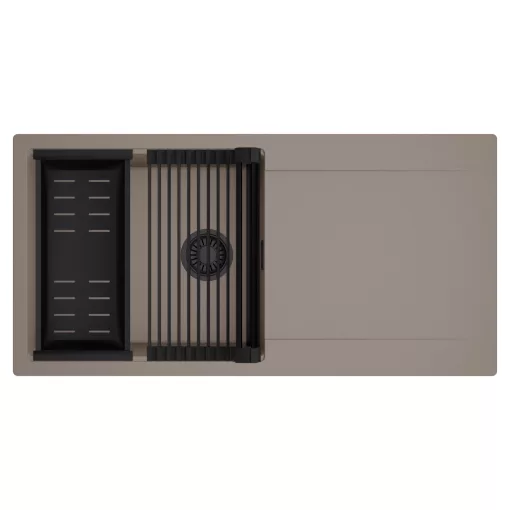 HD Onyx Tortora 100 egymedencés mosogatótálca szett, matt fekete csepegtetőráccsal és kosárral, csepegtetőtálcával, tortora színben, matt fekete leeresztő szifonnal