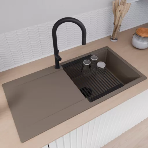 HD Onyx Tortora 100 egymedencés mosogatótálca szett, matt fekete csepegtetőráccsal és kosárral, csepegtetőtálcával, tortora színben, matt fekete leeresztő szifonnal