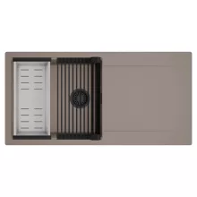 HD Onyx Tortora 100 egymedencés mosogatótálca szett, matt fekete csepegtetőráccsal és krómozott kosárral, csepegtetőtálcával, tortora színben, matt fekete leeresztő szifonnal