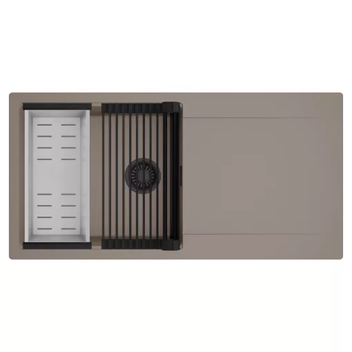 HD Onyx Tortora 100 egymedencés mosogatótálca szett, matt fekete csepegtetőráccsal és krómozott kosárral, csepegtetőtálcával, tortora színben, matt fekete leeresztő szifonnal