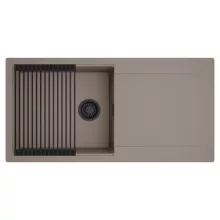 HD Onyx Tortora 100 egymedencés mosogatótálca szett, matt fekete csepegtetőráccsal, csepegtetőtálcával, tortora színben, matt fekete leeresztő szifonnal