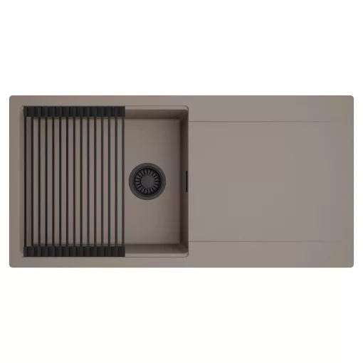 HD Onyx Tortora 100 egymedencés mosogatótálca szett, matt fekete csepegtetőráccsal, csepegtetőtálcával, tortora színben, matt fekete leeresztő szifonnal