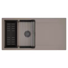 HD Onyx Tortora 100 egymedencés mosogatótálca szett, acél csepegtetőráccsal és matt fekete kosárral, csepegtetőtálcával, tortora színben, matt fekete leeresztő szifonnal