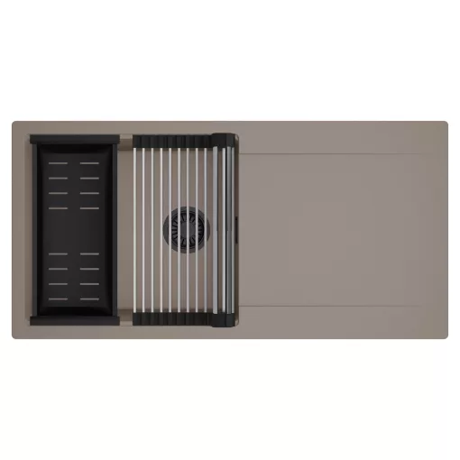 HD Onyx Tortora 100 egymedencés mosogatótálca szett, acél csepegtetőráccsal és matt fekete kosárral, csepegtetőtálcával, tortora színben, matt fekete leeresztő szifonnal