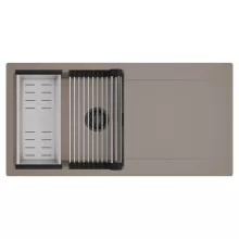 HD Onyx Tortora 100 egymedencés mosogatótálca szett, acél csepegtetőráccsal és kosárral, csepegtetőtálcával, tortora színben, matt fekete leeresztő szifonnal