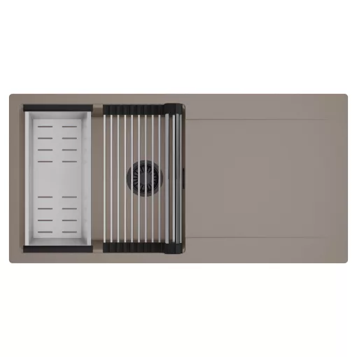 HD Onyx Tortora 100 egymedencés mosogatótálca szett, acél csepegtetőráccsal és kosárral, csepegtetőtálcával, tortora színben, matt fekete leeresztő szifonnal