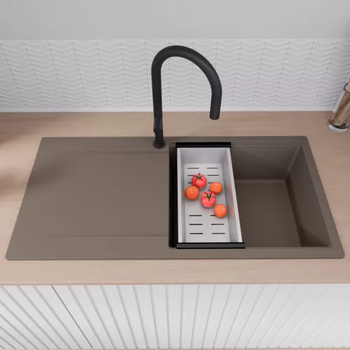 HD Onyx Tortora 100 egymedencés mosogatótálca szett, acél csepegtetőráccsal és kosárral, csepegtetőtálcával, tortora színben, matt fekete leeresztő szifonnal