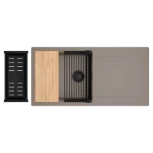 HD Onyx Tortora 100 egymedencés gránit mosogatótálca szett, csepegtetőtálcával, vágódeszkával, matt fekete csepegtetőráccsal és kosárral, tortora színben, matt fekete leeresztő szifonnal