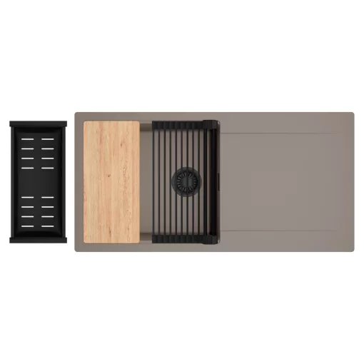 HD Onyx Tortora 100 egymedencés gránit mosogatótálca szett, csepegtetőtálcával, vágódeszkával, matt fekete csepegtetőráccsal és kosárral, tortora színben, matt fekete leeresztő szifonnal